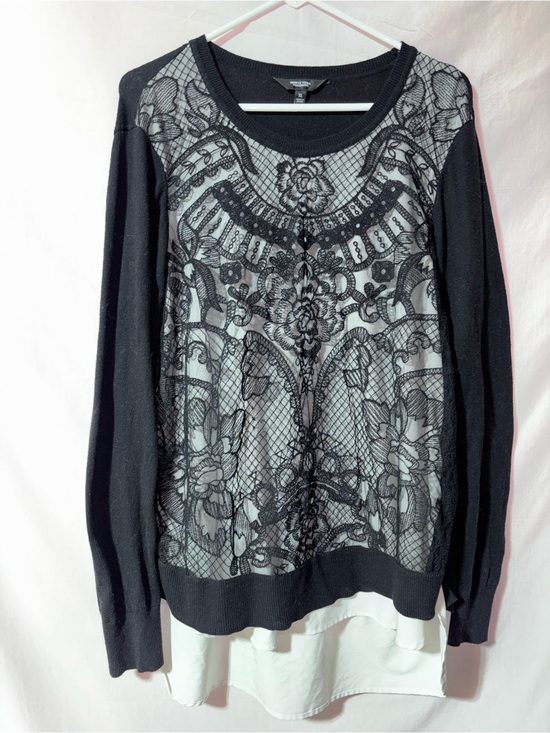 Simply Vera Vera Wang Sweaters - Simply Vera Vera Wang Black Lace-Overlay Crewneck Sweater with White Hem